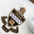 Load image into Gallery viewer, Detailed view of Kappa Alpha Theta's crest embroidered on a light gray sweatshirt, featuring a black and gold shield with white chevron, and twin stars, flanked by scrolls reading 'Kappa Alpha Theta' in black lettering.