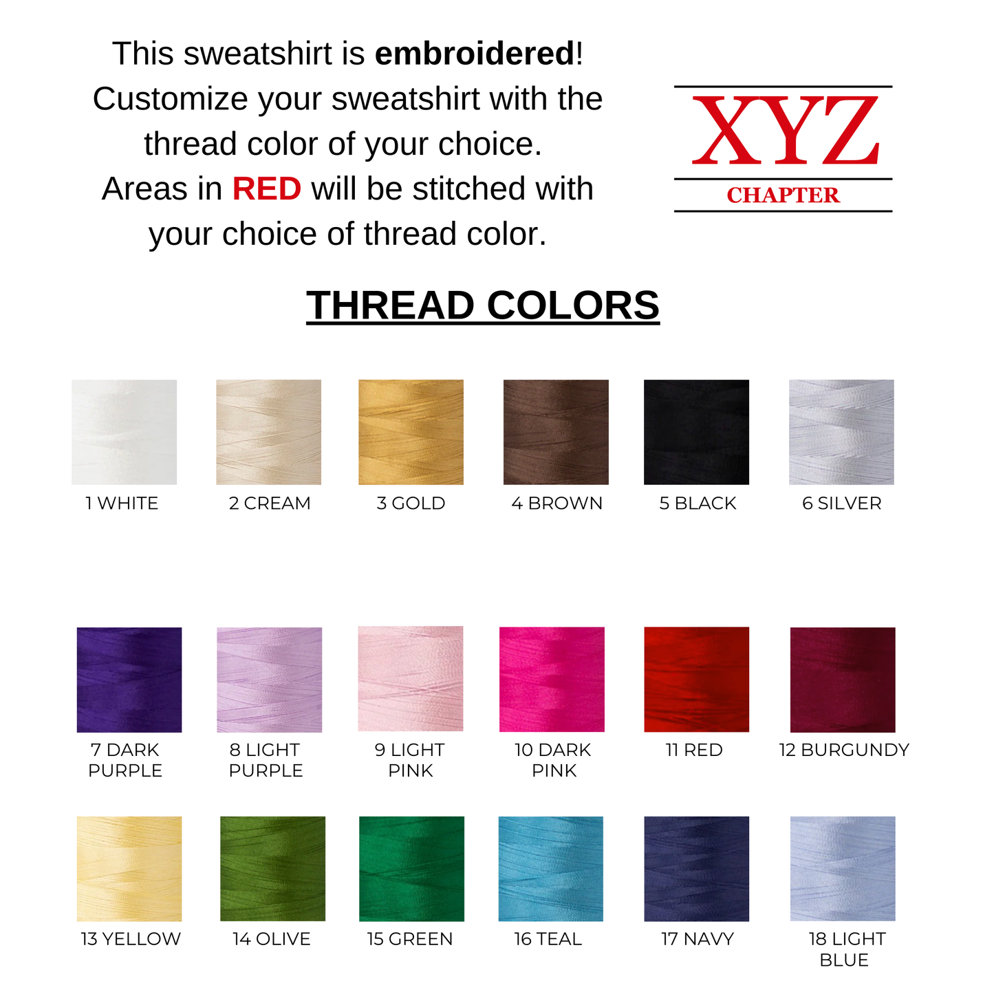 An infographic displaying a variety of thread colors available for customizing a embroidered with sorority letters and chapter.