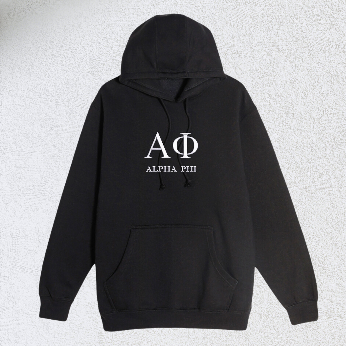 Black hooded sweatshirt with 'ΑΦ' printed in large, white serif font across the chest, signifying Alpha Phi. Below the Greek letters, the full name 'ALPHA PHI' appears in a smaller, delicate white serif font.