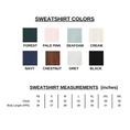 Load image into Gallery viewer, Image displaying a selection of sweatshirt colors and corresponding size chart. Top half features color swatches labeled: Forest (dark green), Pale Pink (light pink), Seafoam (light teal), Cream (off-white), Navy (dark blue), Chestnut (brown), Grey (light gray), and Black. Below, a table lists sweatshirt measurements in inches for sizes XS to 3XL, detailing chest width and body length from the high point of the shoulder (HPS).