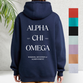 Load image into Gallery viewer, Navy blue hooded sweatshirt viewed from the back with white text across it reading 'ALPHA CHI OMEGA' with 'EST 1885' underneath. Below in smaller text, 'WISDOM, DEVOTION & ACHIEVEMENT' is printed. To the right, a vertical color palette includes six swatches in red, teal, black, light gray, lavender, and beige.
