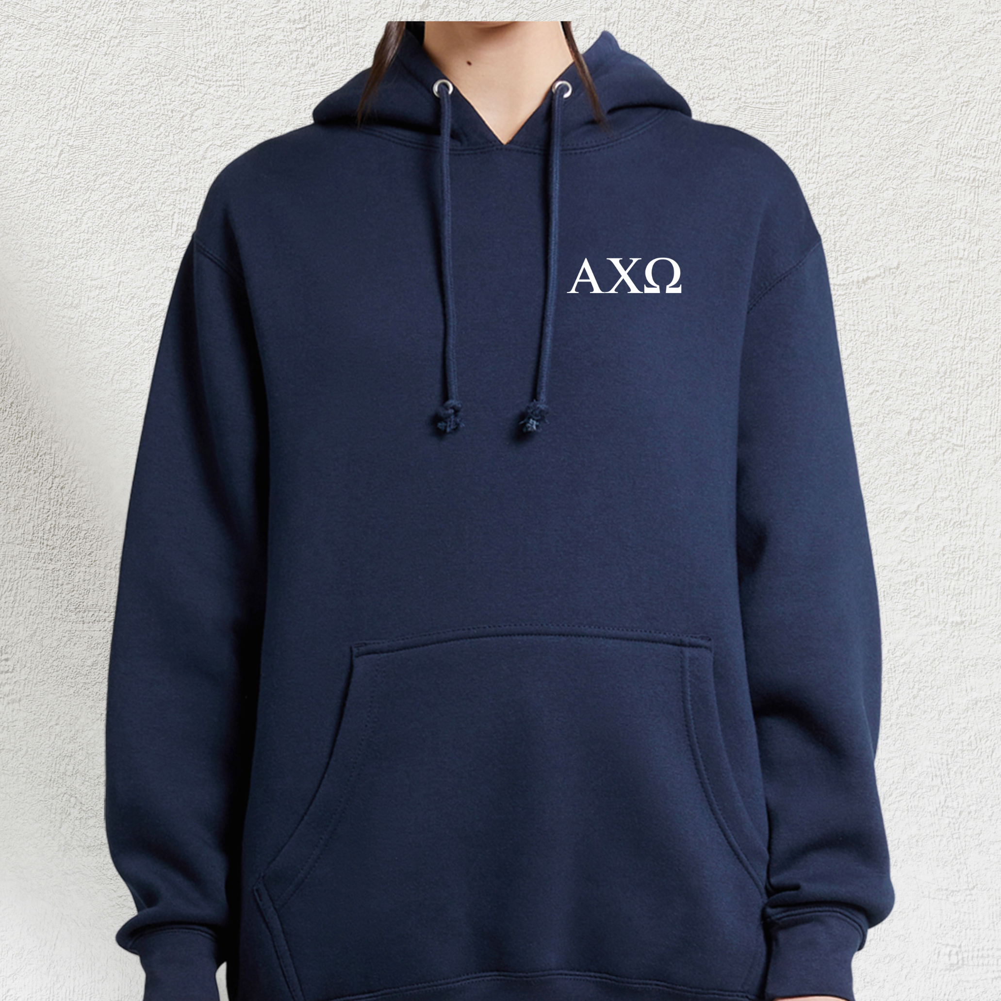 Navy blue hooded sweatshirt featuring the Greek letters 'AXΩ' in white serif font on the left chest area, representing the Alpha Chi Omega sorority. The sweatshirt has a large front pouch pocket and adjustable drawstrings for the hood.
