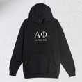Load image into Gallery viewer, Black hooded sweatshirt with 'ΑΦ' printed in large, white serif font across the chest, signifying Alpha Phi. Below the Greek letters, the full name 'ALPHA PHI' appears in a smaller, delicate white serif font.
