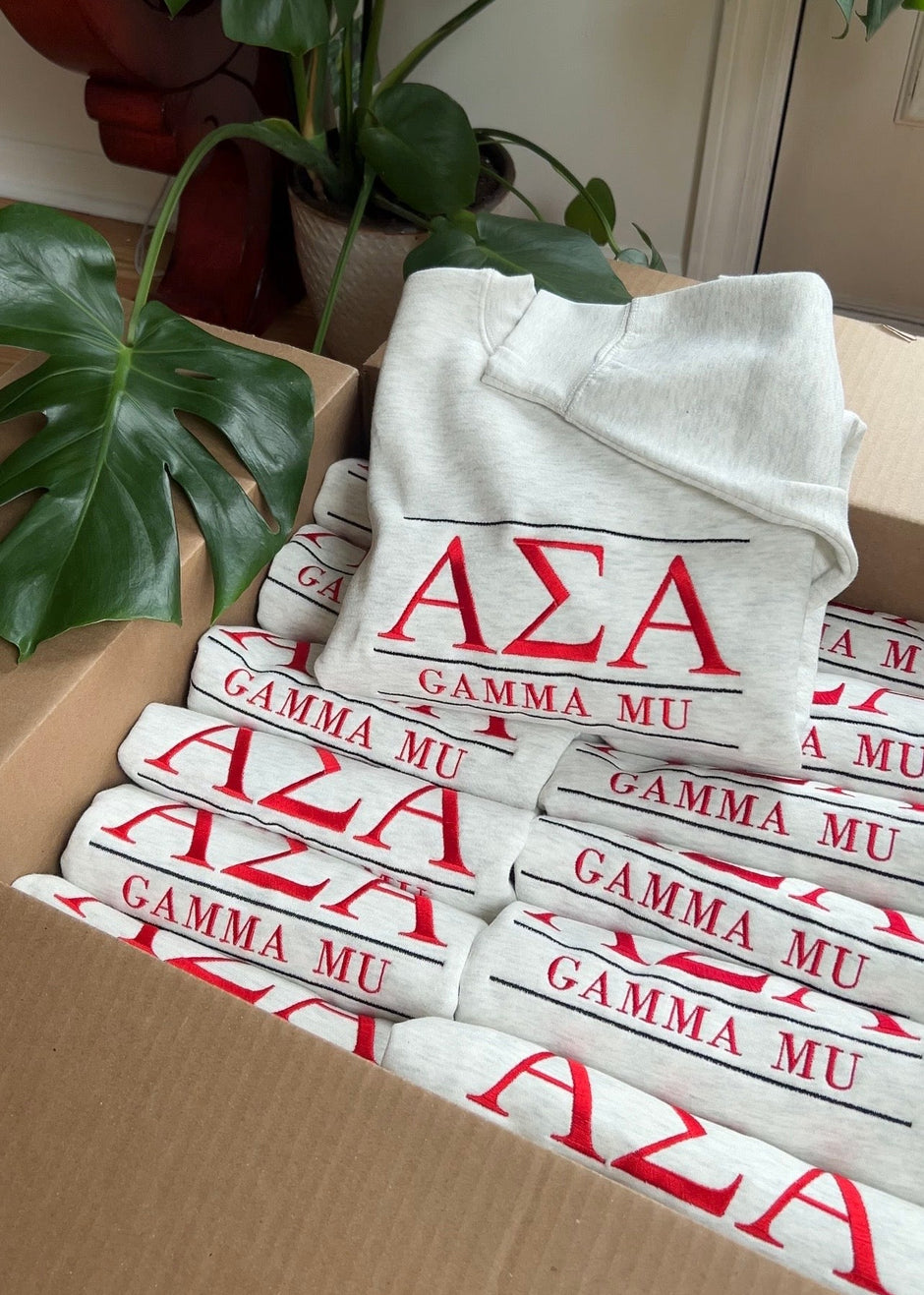 White sweatshirts embroidered with red sorority letters